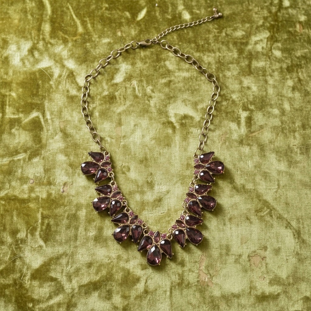 Statement Necklace with Purple-Brown Teardrop Glass Crystals, Bold Bib Necklace